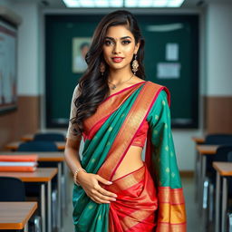 A beautiful and elegant female teacher wearing a traditional saree, showcasing a stylish and glamorous look