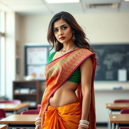 A beautiful and elegant female teacher wearing a traditional saree, showcasing a stylish and glamorous look