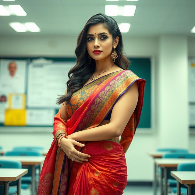 A beautiful and elegant female teacher wearing a traditional saree, showcasing a stylish and glamorous look