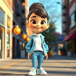 A tall and beautiful 3D cartoon model of a girl wearing a white cotton sweater, a sky-blue sporty jacket, blue jeans, and white sneakers