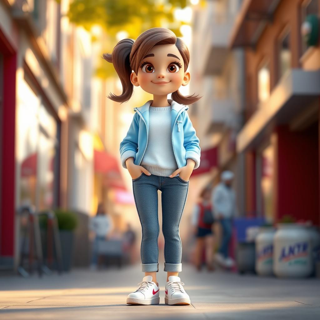 A tall and beautiful 3D cartoon model of a girl wearing a white cotton sweater, a sky-blue sporty jacket, blue jeans, and white sneakers