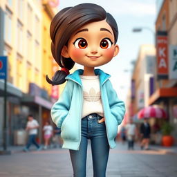 A tall and beautiful 3D cartoon model of a girl wearing a white cotton sweater, a sky-blue sporty jacket, blue jeans, and white sneakers