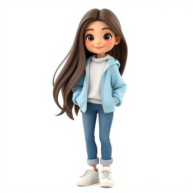 A beautiful 3D cartoon girl model with long hair, set against a white background