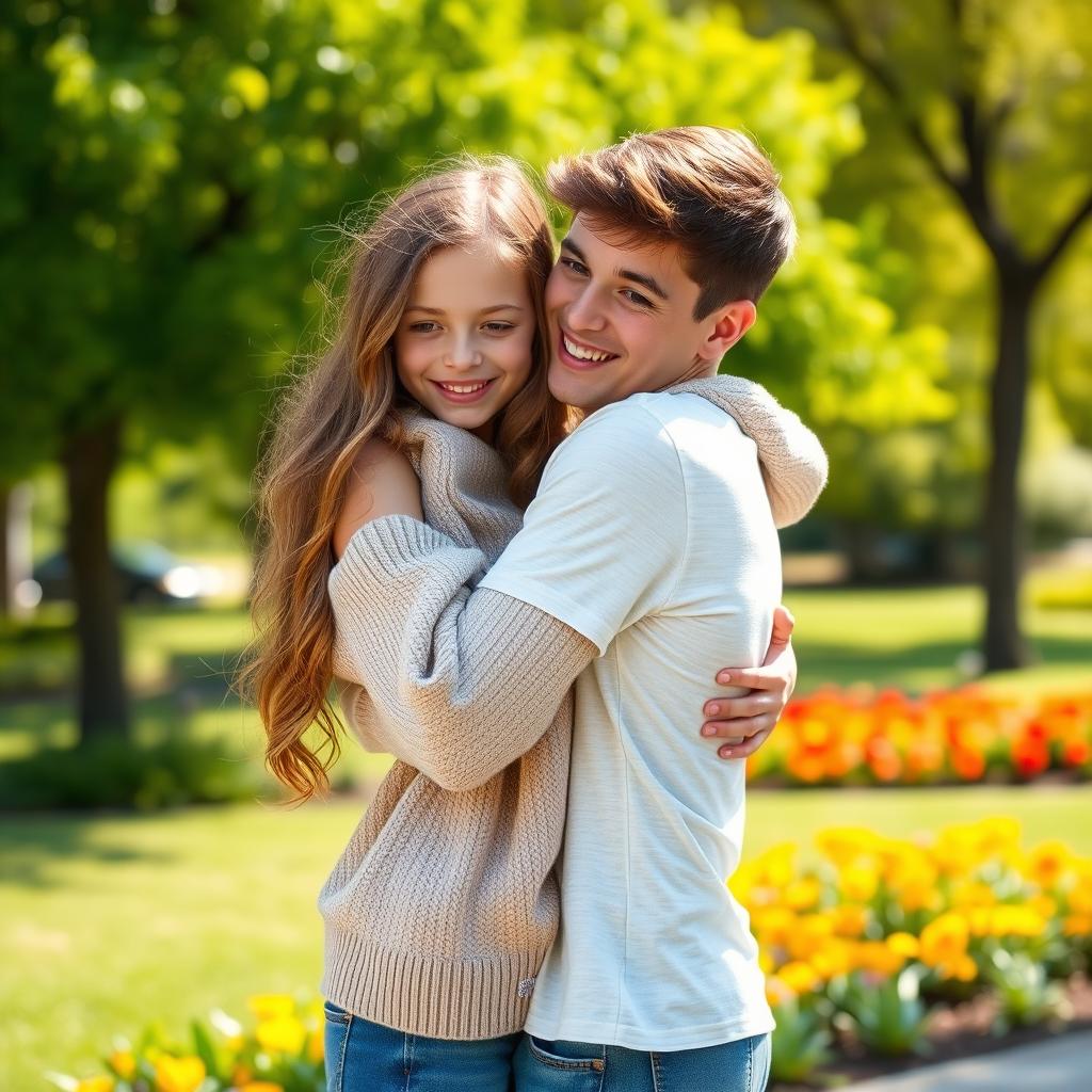 A cute girl with long wavy hair, wearing a cozy oversized sweater and a bright smile, lovingly hugging her boyfriend