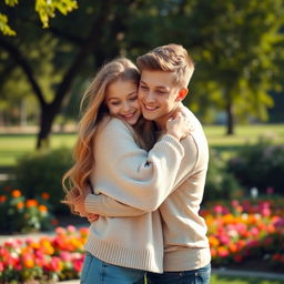 A cute girl with long wavy hair, wearing a cozy oversized sweater and a bright smile, lovingly hugging her boyfriend