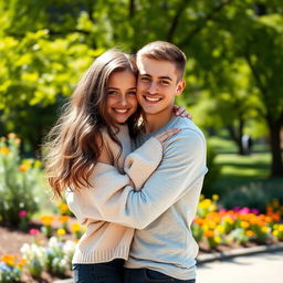 A cute girl with long wavy hair, wearing a cozy oversized sweater and a bright smile, lovingly hugging her boyfriend