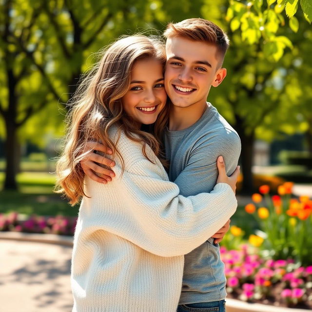 A cute girl with long wavy hair, wearing a cozy oversized sweater and a bright smile, lovingly hugging her boyfriend