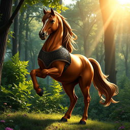 A majestic centaur standing proud in a lush forest setting, with green foliage and wildflowers surrounding it