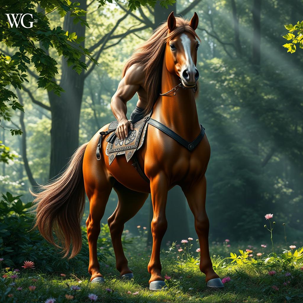 A majestic centaur standing proud in a lush forest setting, with green foliage and wildflowers surrounding it