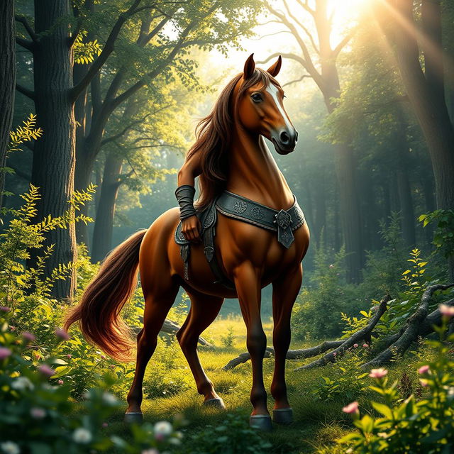 A majestic centaur standing proud in a lush forest setting, with green foliage and wildflowers surrounding it