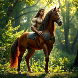 A majestic centaur standing proud in a lush forest setting, with green foliage and wildflowers surrounding it
