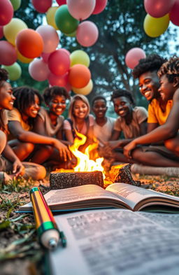 A vibrant and dynamic poster featuring an African teenage youth gathered around a warm campfire, expressing joy and camaraderie