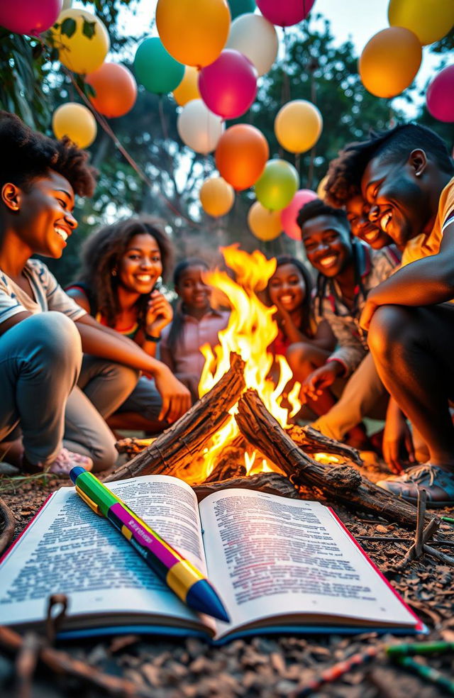 A vibrant and dynamic poster featuring an African teenage youth gathered around a warm campfire, expressing joy and camaraderie