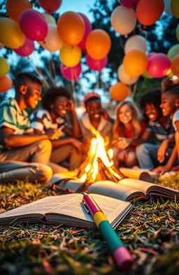 A vibrant and dynamic poster featuring an African teenage youth gathered around a warm campfire, expressing joy and camaraderie