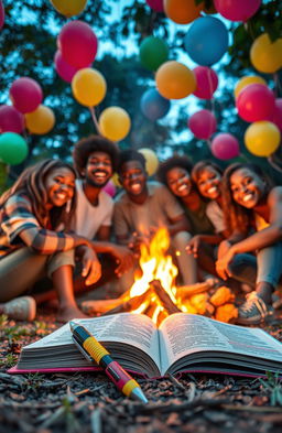 A vibrant and dynamic poster featuring an African teenage youth gathered around a warm campfire, expressing joy and camaraderie