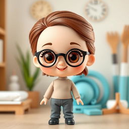 A charming doll character designed to represent a physiotherapist, featuring a short stature with a round face, soft brown hair, and expressive brown eyes