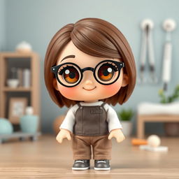 A charming doll character designed to represent a physiotherapist, featuring a short stature with a round face, soft brown hair, and expressive brown eyes