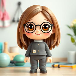 A charming doll character designed to represent a physiotherapist, featuring a short stature with a round face, soft brown hair, and expressive brown eyes