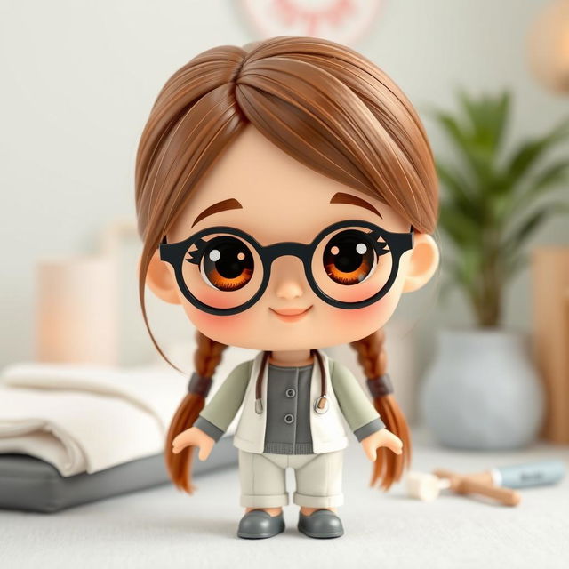 A charming doll character designed to represent a physiotherapist, featuring a short stature with a round face, soft brown hair, and expressive brown eyes