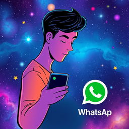 A vibrant and engaging digital illustration depicting a person chatting on WhatsApp with a minimal internet connection symbolized by a low signal icon