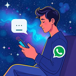 A vibrant and engaging digital illustration depicting a person chatting on WhatsApp with a minimal internet connection symbolized by a low signal icon