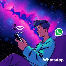A vibrant and engaging digital illustration depicting a person chatting on WhatsApp with a minimal internet connection symbolized by a low signal icon