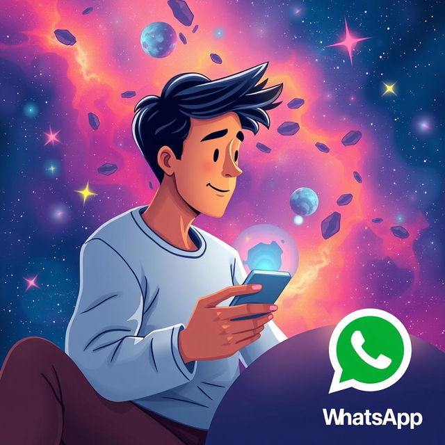 A vibrant and engaging digital illustration depicting a person chatting on WhatsApp with a minimal internet connection symbolized by a low signal icon