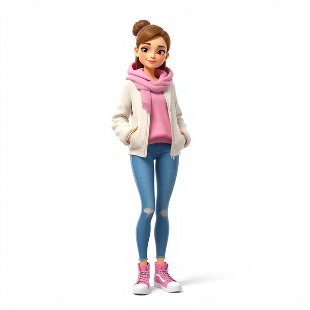 A tall, beautiful cartoon girl in 3D style standing against a white background