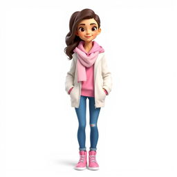 A tall, beautiful cartoon girl in 3D style standing against a white background