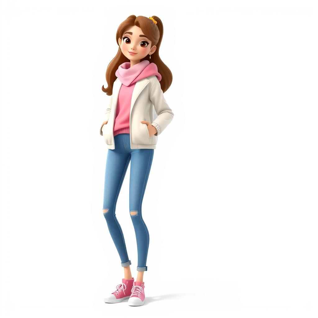 A tall, beautiful cartoon girl in 3D style standing against a white background