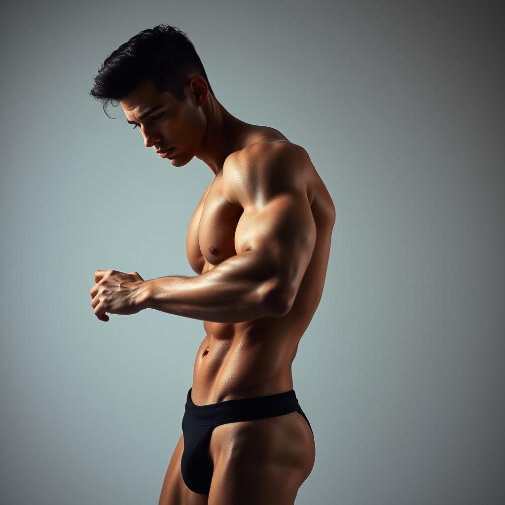 An artistic and sophisticated depiction of a male figure inspired by athleticism and confidence, featuring a subject that embodies strength and elegance, resembling a high-fashion model