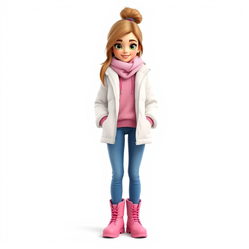 A tall and beautiful cartoon girl in 3D style, standing against a white background