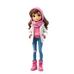 A tall and beautiful cartoon girl in 3D style, standing against a white background