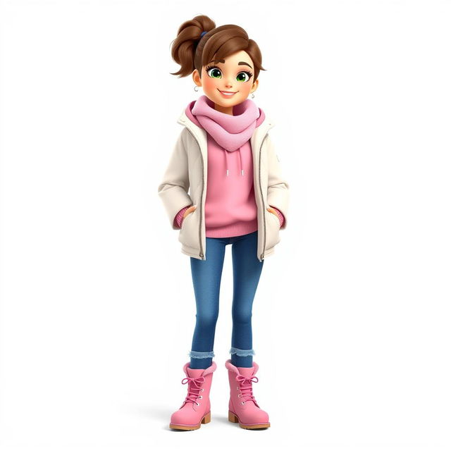 A tall and beautiful cartoon girl in 3D style, standing against a white background