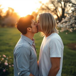 A romantic scene depicting two men engaged in a tender kiss