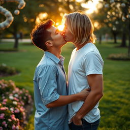 A romantic scene depicting two men engaged in a tender kiss