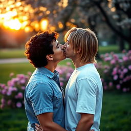 A romantic scene depicting two men engaged in a tender kiss