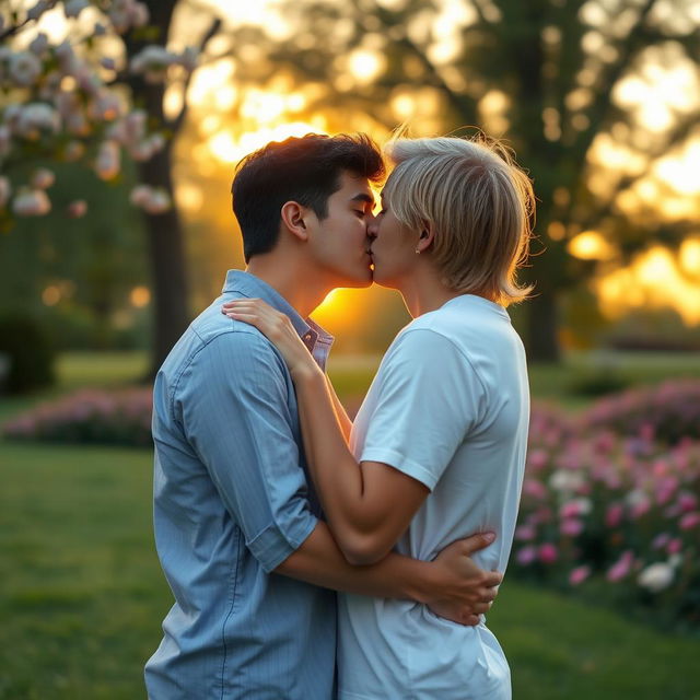 A romantic scene depicting two men engaged in a tender kiss