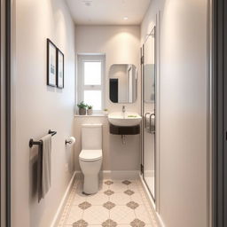 A narrow bathroom design, featuring a sleek and modern aesthetic
