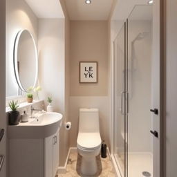 A narrow bathroom design, featuring a sleek and modern aesthetic