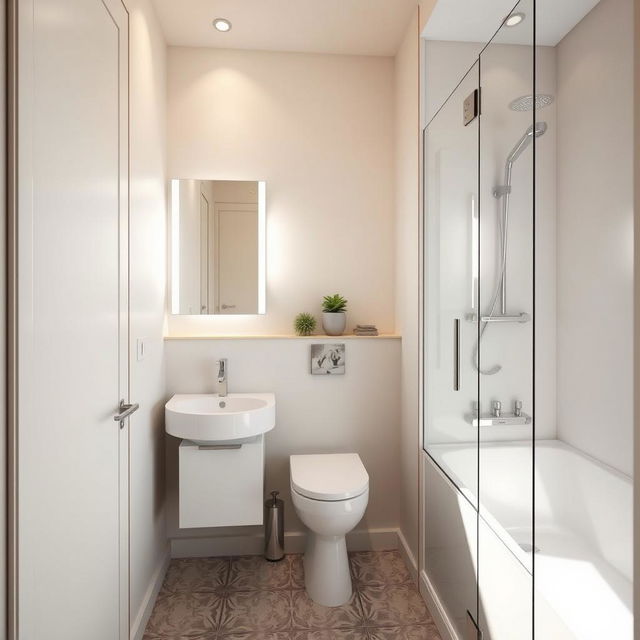 A narrow bathroom design, featuring a sleek and modern aesthetic