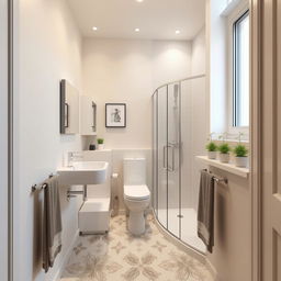 A narrow bathroom design, featuring a sleek and modern aesthetic