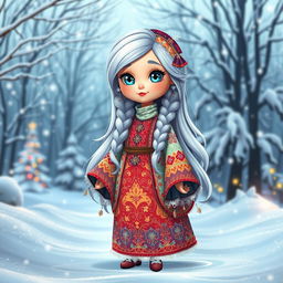 A full-body, ultra-realistic, cartoon-style Snow Maiden (Snegurochka) in a magical winter setting