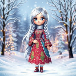 A full-body, ultra-realistic, cartoon-style Snow Maiden (Snegurochka) in a magical winter setting