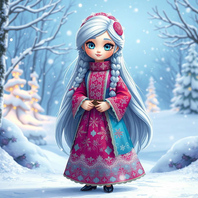 A full-body, ultra-realistic, cartoon-style Snow Maiden (Snegurochka) in a magical winter setting