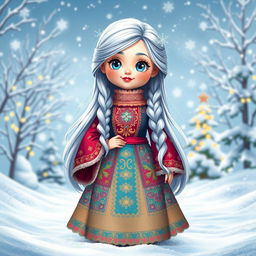A full-body, ultra-realistic, cartoon-style Snow Maiden (Snegurochka) in a magical winter setting