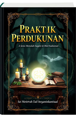 A mystical book cover for 'Praktik Perdukunan: Seni Mengolah Sugesti dan Obat Tradisional'