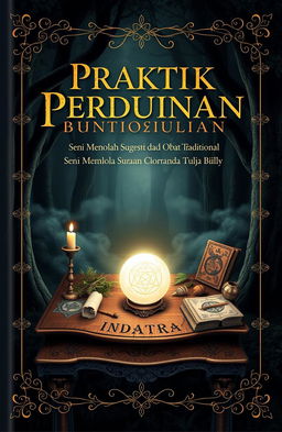 A mystical book cover for 'Praktik Perdukunan: Seni Mengolah Sugesti dan Obat Tradisional'