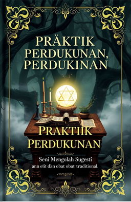 A mystical book cover for 'Praktik Perdukunan: Seni Mengolah Sugesti dan Obat Tradisional'