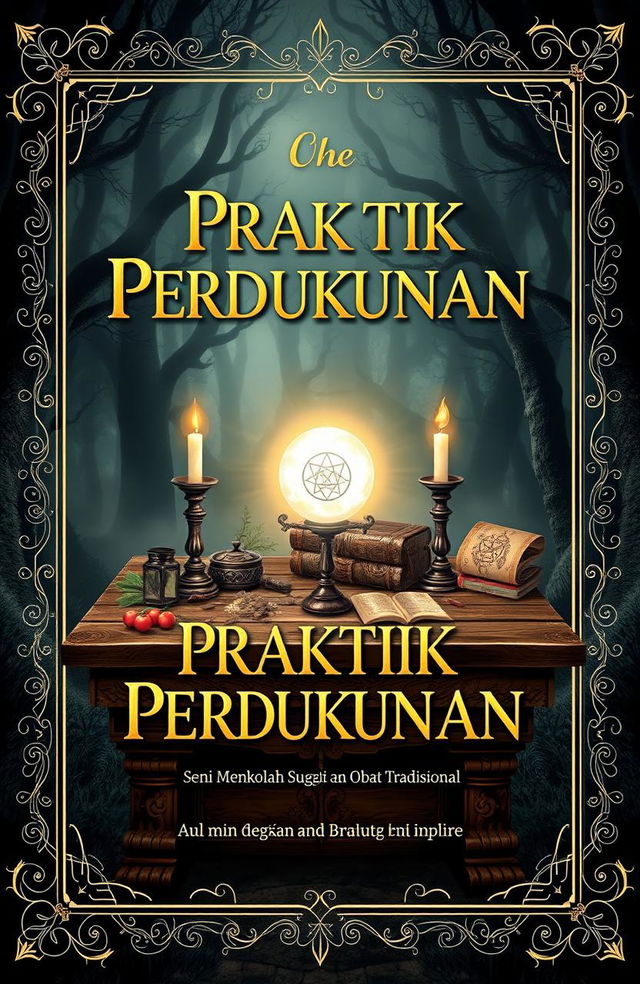 A mystical book cover for 'Praktik Perdukunan: Seni Mengolah Sugesti dan Obat Tradisional'